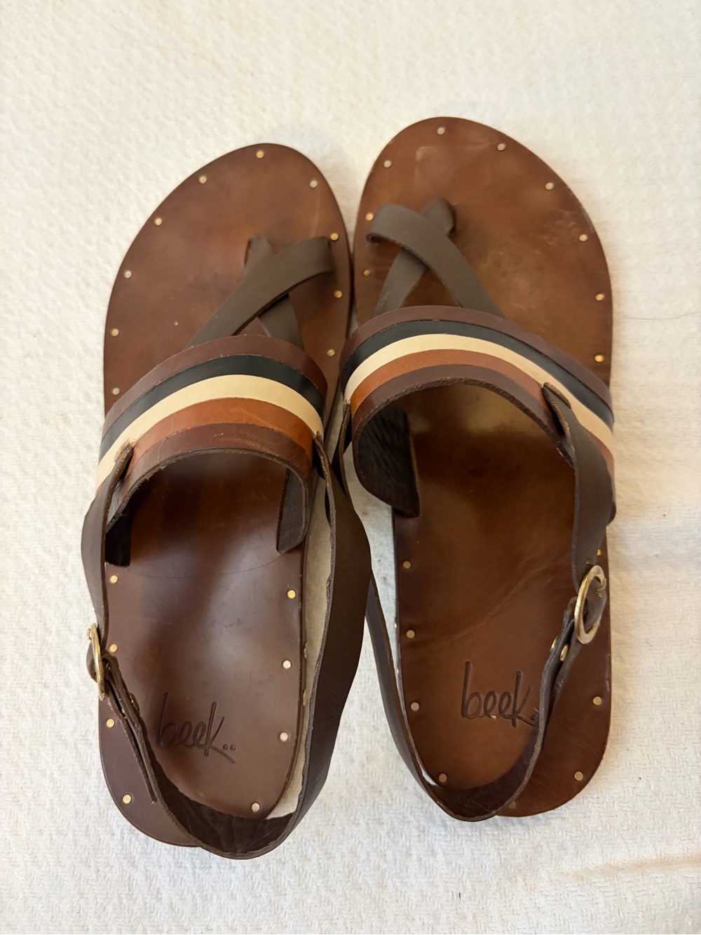 beek Sunbeam Stripe Euro-Summer Handmade Brown Leather Strappy Sandals Size 9 - Picture 5 of 13